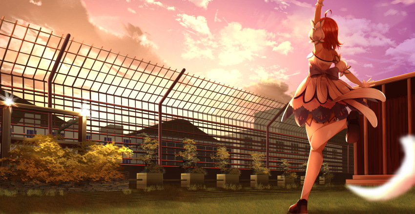 1girl absurdres ahoge arm_up armpits blurry_foreground building bush cloud detached_sleeves dress fence from_behind gloves grass highres love_live! love_live!_school_idol_project love_live!_sunshine!! orange_hair orein outdoors plant potted_plant short_hair sky sleeveless sleeveless_dress solo standing standing_on_one_leg sunset takami_chika thighhighs white_legwear zettai_ryouiki