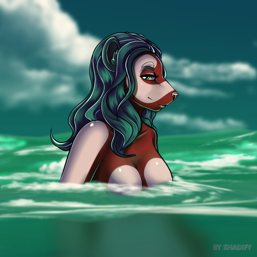 1:1 2020 day detailed_background digital_media_(artwork) eyebrows eyelashes green_eyes green_hair hair lutrine mammal mustelid outside partially_submerged shadify sky smile