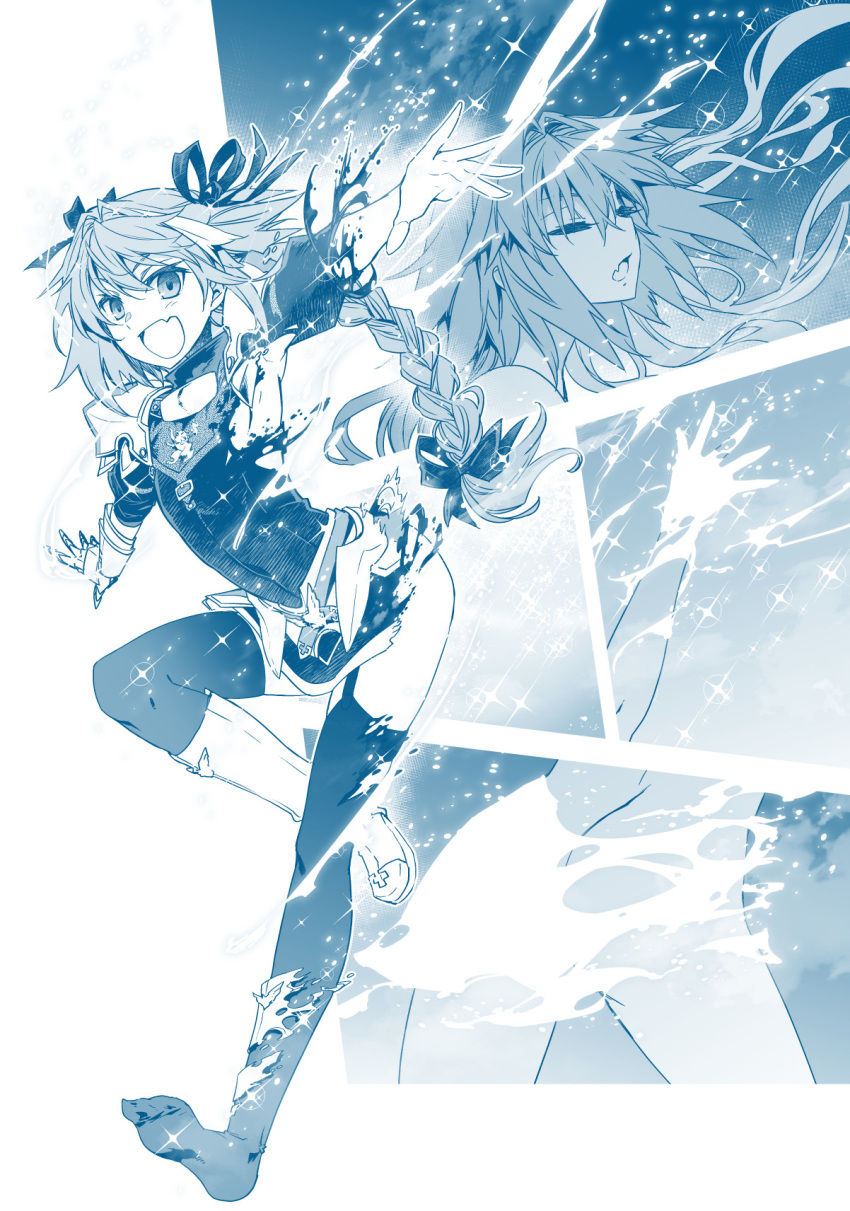1boy armor armpits ass astolfo_(fate) boots braid braided_ponytail closed_eyes commentary_request fang fate/apocrypha fate_(series) gauntlets greyscale hair_between_eyes highres ishida_akira knee_boots long_hair looking_at_viewer monochrome multiple_views open_mouth shoulder_armor simple_background skin_fang thighhighs transformation white_background