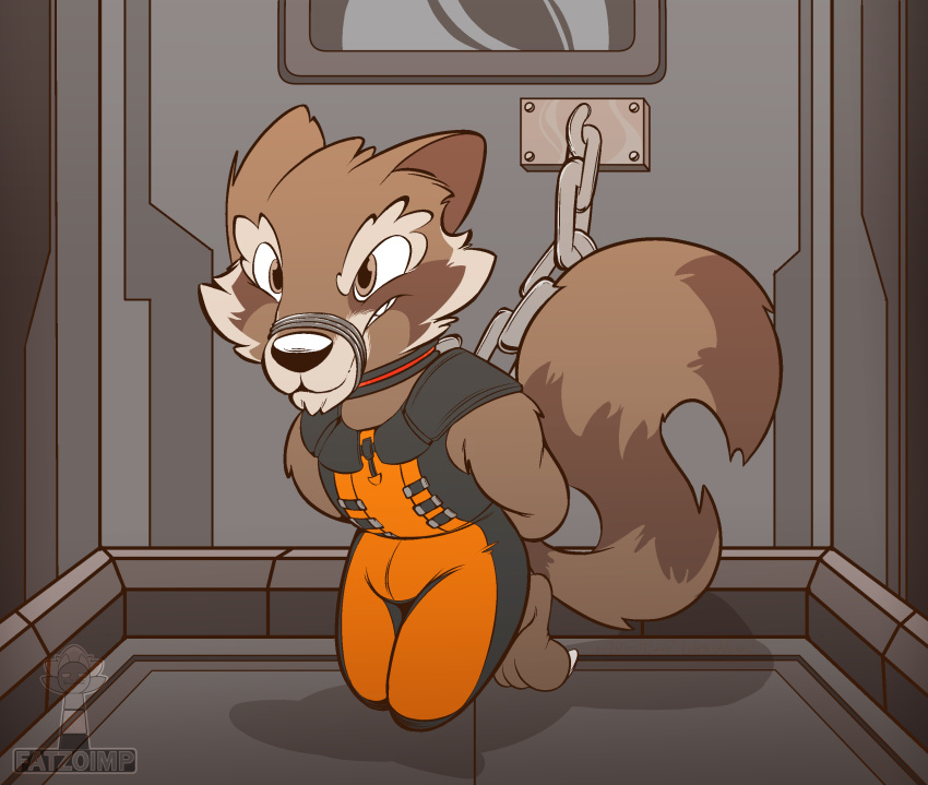 angry anthro brown_body brown_eyes brown_fur chain chained clothed clothing collar digital_media_(artwork) fatzoimp fur guardians_of_the_galaxy hi_res male mammal marvel multicolored_body multicolored_fur multicolored_tail prison prison_cell prisoner procyonid raccoon raccoon_tail rocket_raccoon solo