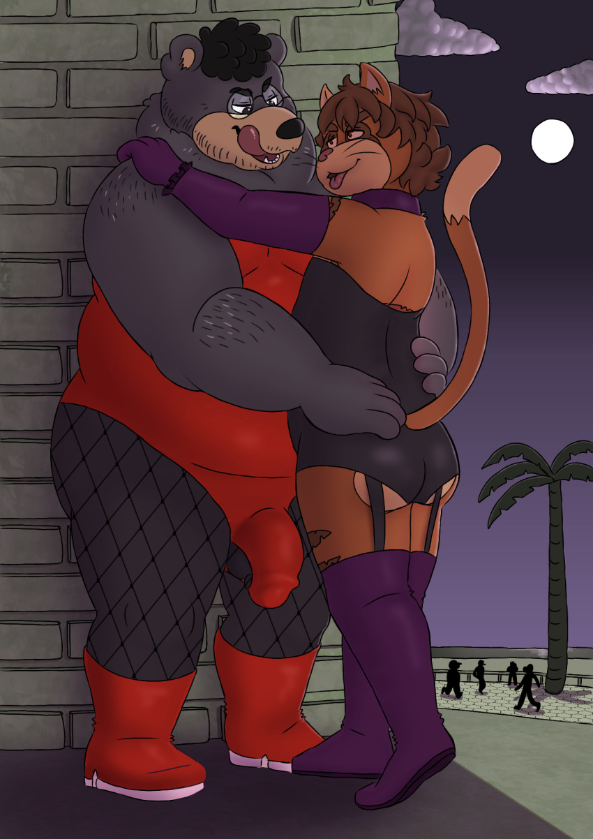 anthro balls black_bear body_hair bulge clothed clothing crossdressing datburrsteve duo_focus fishnet genitals girly group hands_on_hips hi_res lingerie lustful_gaze male male/male mammal moon night oseterollicete overweight overweight_male penis smoosho stripes tongue tongue_out ursid ursine