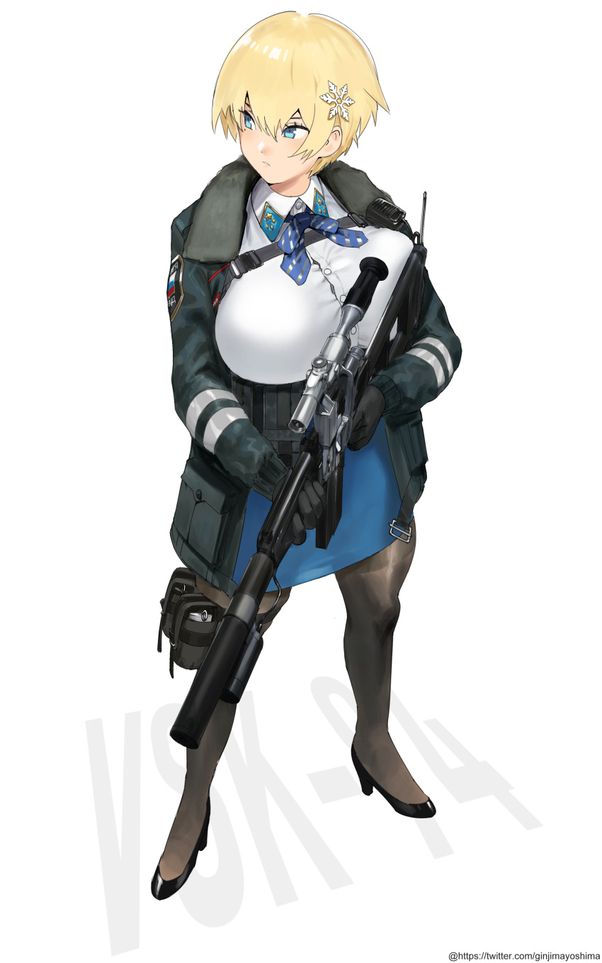 1girl absurdres bangs belt black_footwear black_gloves black_jacket black_legwear blonde_hair blue_belt blue_eyes blue_neckwear blue_skirt breasts button_gap character_name closed_mouth collared_shirt commentary eyebrows_behind_hair full_body girls_frontline gloves gun hair_between_eyes hair_ornament high_heels highres holding holding_gun holding_weapon huge_breasts jacket long_sleeves looking_to_the_side magazine_(weapon) miniskirt mole mole_under_eye muki_(unknownid) neck_ribbon open_clothes open_jacket pantyhose ribbon shirt shirt_tucked_in short_hair simple_background skindentation skirt snap-fit_buckle snowflake_hair_ornament solo standing taut_skirt thigh_pouch twitter_username vsk-94 vsk-94_(girls_frontline) watermark weapon web_address white_background white_shirt