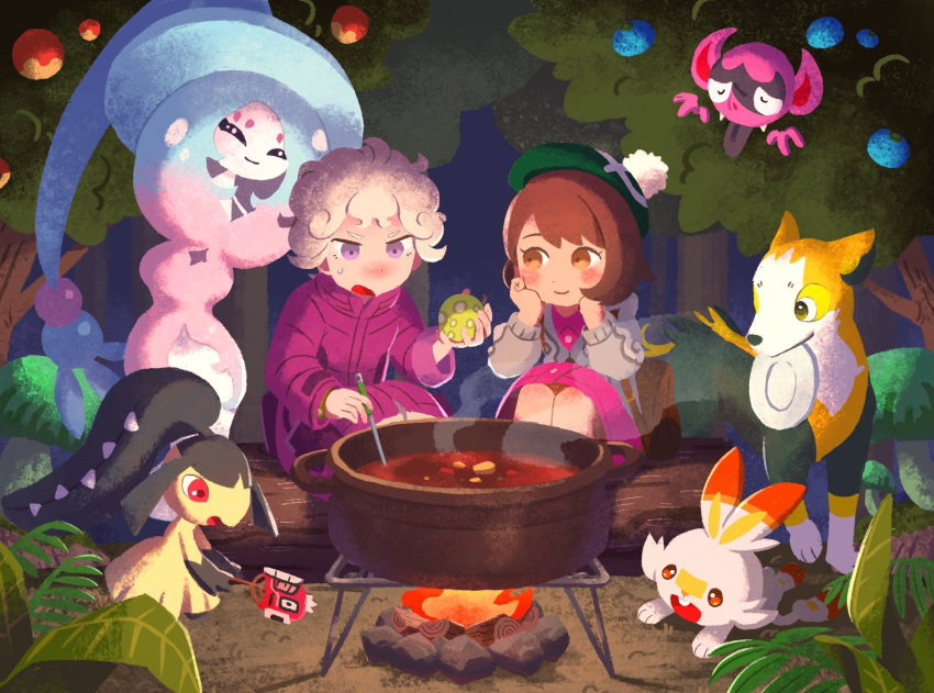 1boy 1girl backpack bag bangs beet_(pokemon) berry_(pokemon) blush_stickers bob_cut boltund brown_eyes brown_hair cardigan closed_eyes coat commentary_request cooking dress fangs fangs_out fire food forest gen_1_pokemon gen_3_pokemon gen_8_pokemon green_headwear grey_cardigan grey_hair hat hatterene highres holding holding_food hooded_cardigan impidimp in_tree iroidori4422 log long_sleeves looking_at_another magikarp mawile mouth_hold mushroom nature night open_mouth outdoors pink_dress plate pokemon pokemon_(creature) pokemon_(game) pokemon_swsh popped_collar pot purple_coat purple_eyes rock scorbunny short_hair sitting smile standing starter_pokemon tam_o'_shanter themed_object tongue tongue_out tree yuuri_(pokemon)