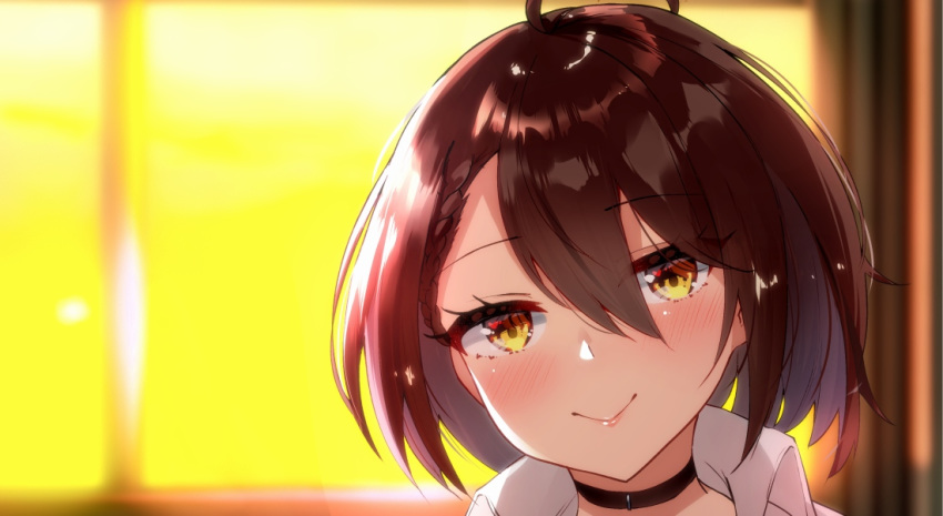 1girl ahoge azur_lane baltimore_(after-school_ace)_(azur_lane) baltimore_(azur_lane) bangs blush brown_hair collar eyebrows_visible_through_hair eyelashes hato_haru heart indoors lips looking_at_viewer pink_lips shirt short_hair smile solo white_shirt window yellow_eyes