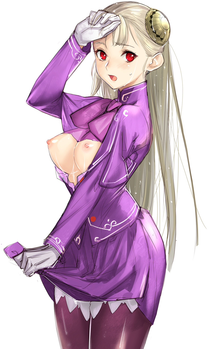1girl absurdres breasts capcom_fighting_jam capelet commentary_request cowboy_shot gloves hairpods highres hot ingrid long_hair medium_breasts open_mouth pantyhose platinum_blonde_hair purple_legwear purple_skirt red_eyes skirt skirt_lift slender_waist solo standing straight_hair suggestive_fluid sweat tetsu_(kimuchi) wet wet_clothes white_gloves