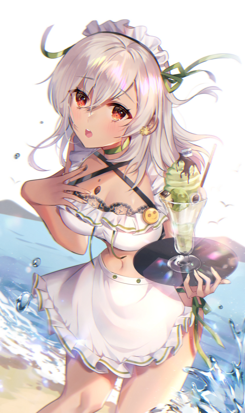 1girl apron bare_shoulders beach breasts choker cleavage criss-cross_halter crop_top day frills girl_cafe_gun green_choker halterneck hand_on_own_chest highres holding lace_trim lida_romero long_hair looking_at_viewer maid maid_apron maid_headdress medium_breasts midriff navel open_mouth parfait poho red_eyes shirt silver_hair sleeveless sleeveless_shirt solo thighs tray waist_apron water white_shirt