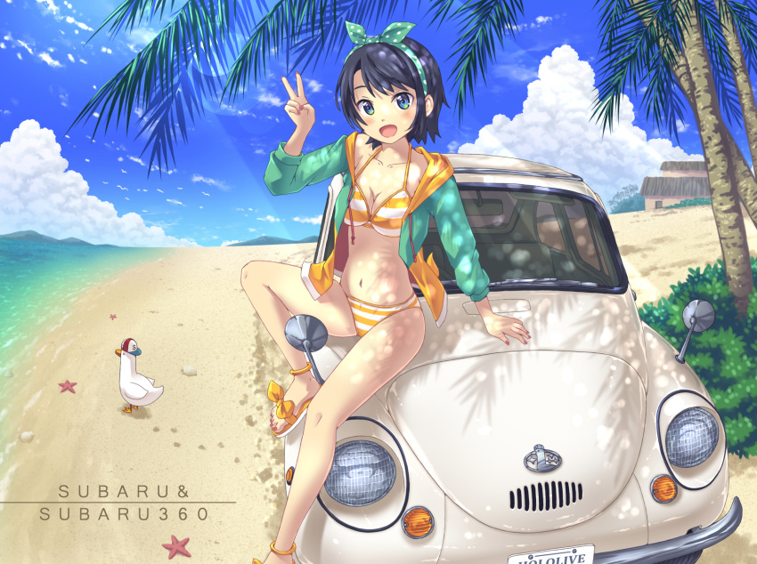 1girl aki_(akisora_hiyori) beach black_hair breasts car collarbone commentary_request ground_vehicle headband highres hololive jacket looking_at_viewer motor_vehicle navel oozora_subaru palm_tree sand sandals short_hair sky subaru_duck swimsuit tree v