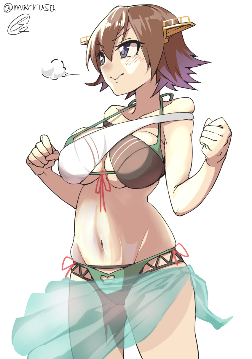 1girl =3 absurdres brown_hair commentary_request cowboy_shot flipped_hair hairband headgear hiei_(kantai_collection) highres kantai_collection layered_bikini looking_to_the_side marusa_(marrusa) sarong short_hair simple_background solo standing twitter_username two-tone_bikini white_background