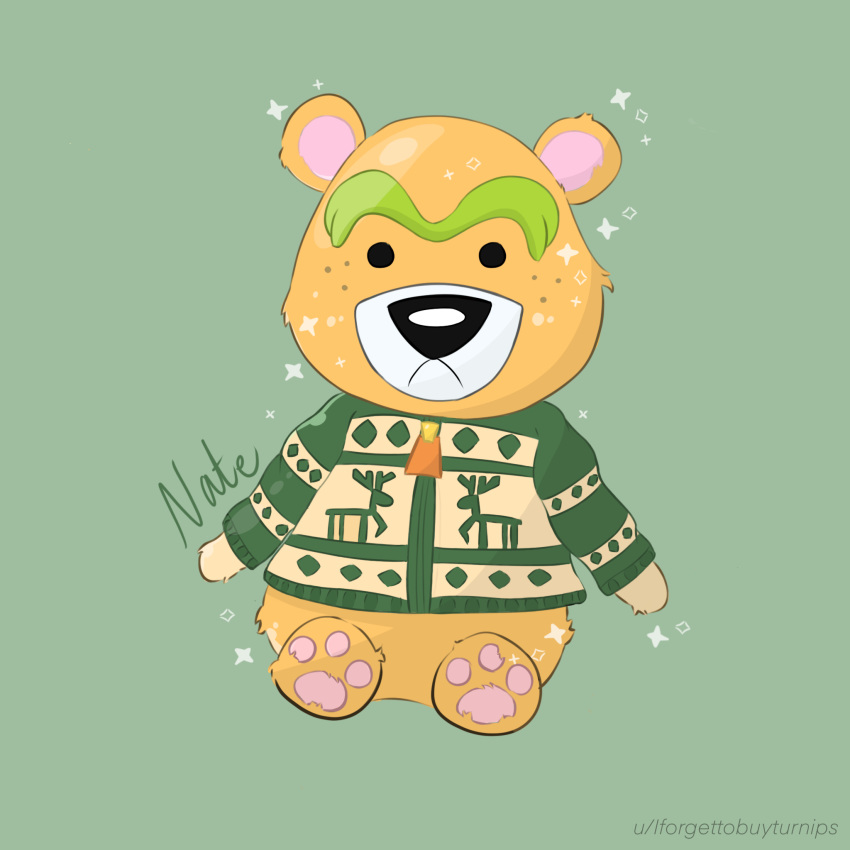 1:1 2020 animal_crossing anthro biped black_nose clothing dot_eyes green_background hi_res iforgettobuyturnips male mammal nate_(animal_crossing) nintendo overweight pawpads pink_pawpads simple_background sitting solo sparkles sweater topwear ursid video_games