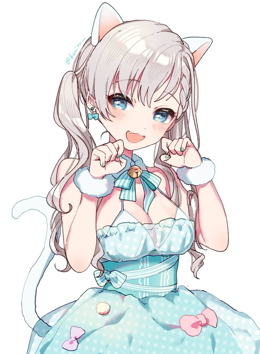 1girl animal_ears bangs banirou bell bell_collar blue_dress blue_eyes blush bow braid breasts cat_ears cat_tail cleavage collar dress earrings eyebrows_visible_through_hair fang fur_bracelet grey_hair highres hisakawa_hayate idolmaster idolmaster_cinderella_girls idolmaster_cinderella_girls_starlight_stage jewelry long_hair medium_breasts nail_polish open_mouth paw_pose simple_background solo tail twintails twitter_username white_background