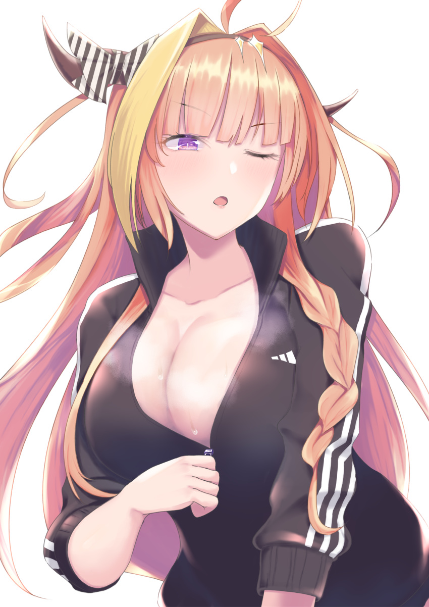 1girl adidas ahoge bangs black_jacket blonde_hair bow braid breasts cleavage collarbone commentary_request dragon_horns eyebrows_visible_through_hair eyelashes hairband highres hololive horn_bow horns ichi-go jacket kiryuu_coco large_breasts light_blush long_hair multicolored_hair one_eye_closed open_mouth orange_hair purple_eyes shiny shiny_hair solo virtual_youtuber zipper_pull_tab