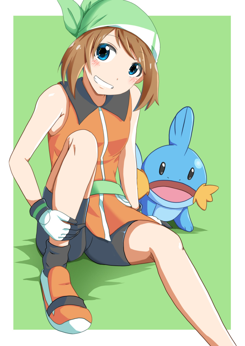 1girl absurdres bangs bike_shorts black_shorts blue_eyes blush brown_hair eyebrows_visible_through_hair gen_3_pokemon gloves green_background grin haruka_(pokemon) head_tilt highres looking_at_viewer mudkip negimiso1989 orange_footwear orange_shirt pokemon pokemon_(creature) pokemon_(game) pokemon_rse shiny shiny_hair shirt short_hair short_shorts shorts sitting sleeveless sleeveless_shirt smile solo starter_pokemon swept_bangs two-tone_background white_background white_gloves