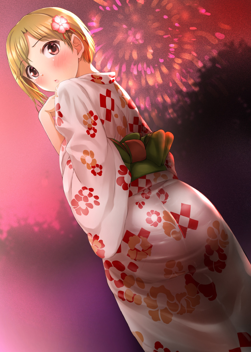 aiba_yumi blonde_hair blush dutch_angle fireworks flower hair_flower hair_ornament highres idolmaster idolmaster_cinderella_girls japanese_clothes kimono looking_back naharyou red_eyes short_hair solo yukata