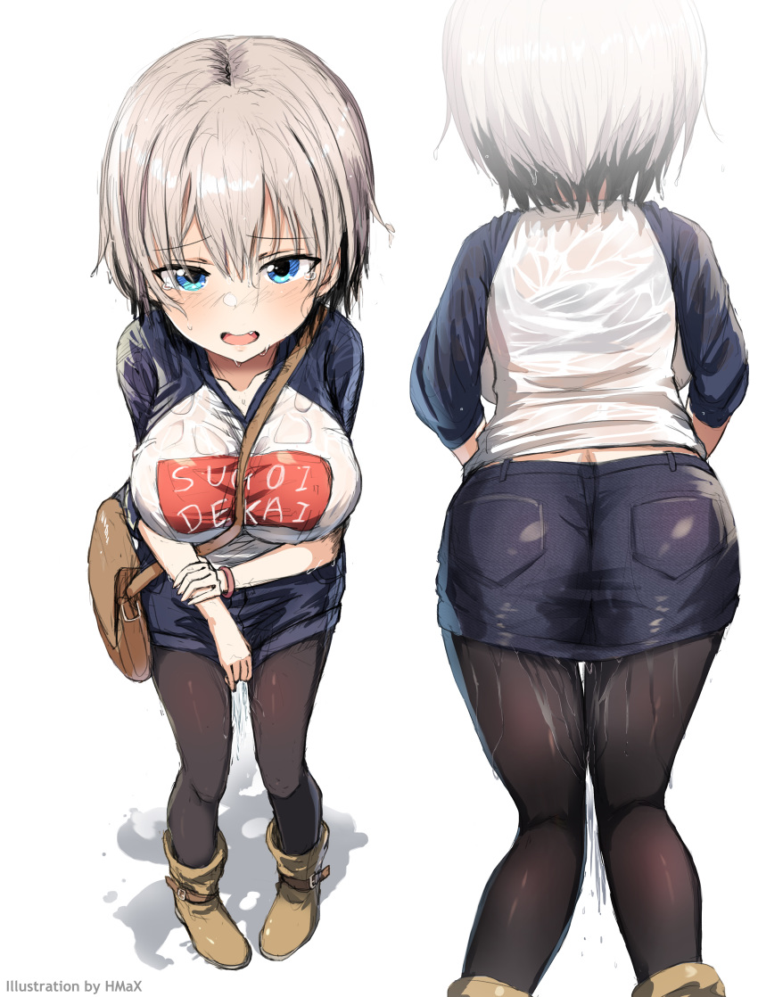 1girl absurdres artist_name bag bangs black_legwear blue_eyes blush breasts clothes_writing commentary_request eyebrows_visible_through_hair fang grey_hair hair_between_eyes highres hmax large_breasts multiple_views open_mouth pantyhose pigeon-toed raglan_sleeves romaji_text see-through shiny shiny_hair shirt short_hair shoulder_bag standing sugoi_dekai uzaki-chan_wa_asobitai! uzaki_hana water watermark wet wet_clothes