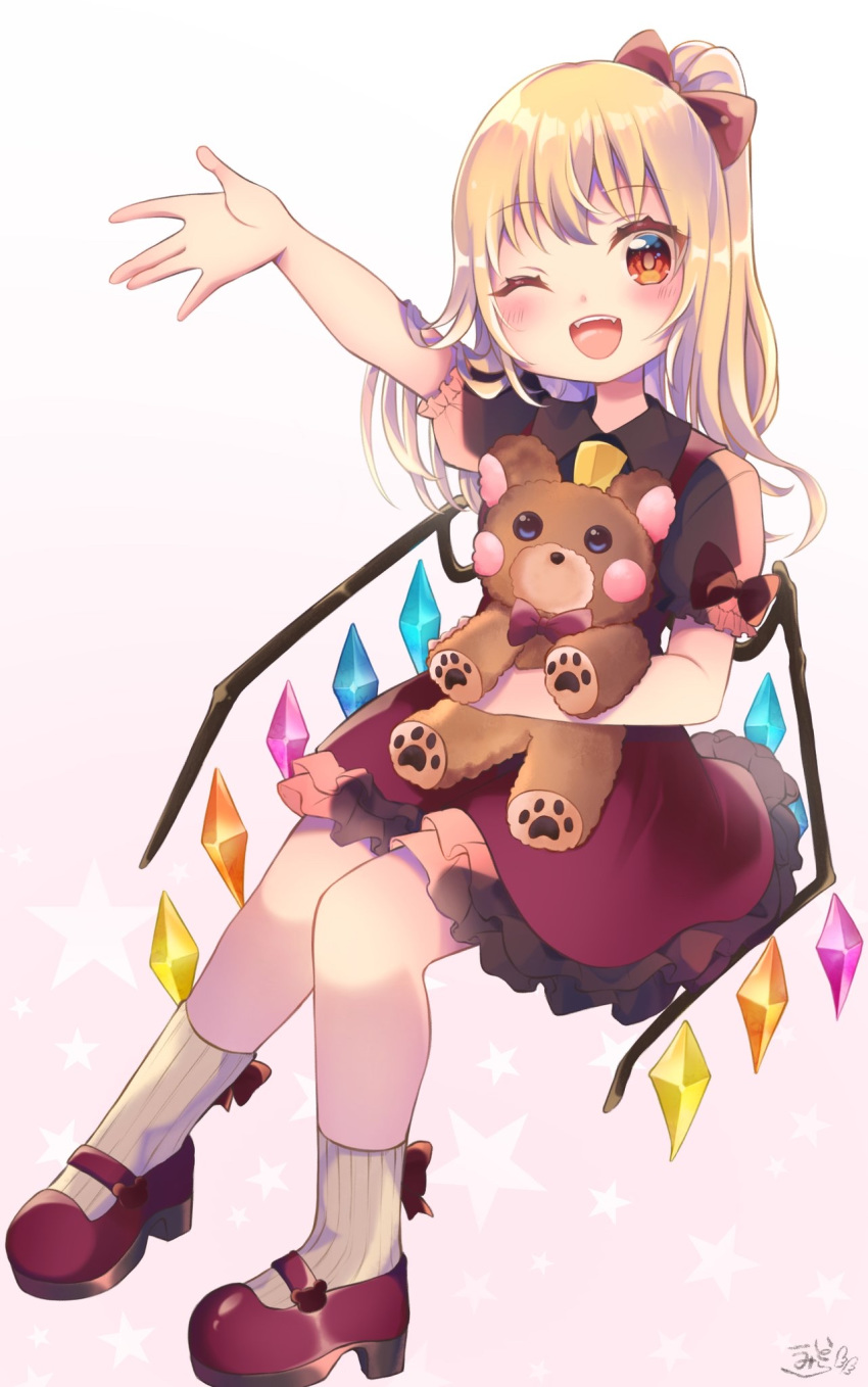 1girl alternate_hair_length alternate_hairstyle ankle_socks arm_up blush commentary dress eyebrows_visible_through_hair fangs flandre_scarlet full_body gradient gradient_background hair_ribbon highres holding holding_stuffed_animal looking_at_viewer mary_janes medium_hair no_hat no_headwear one_eye_closed open_hand open_mouth petticoat pinafore_dress pink_background pink_shirt platform_footwear ponytail puffy_short_sleeves puffy_sleeves red_dress red_eyes red_footwear ribbon shadow shirt shoes short_sleeves signature sitting smile solo star_(symbol) stuffed_animal stuffed_toy teddy_bear touhou upper_teeth white_background white_legwear wings yellow_neckwear yuineko