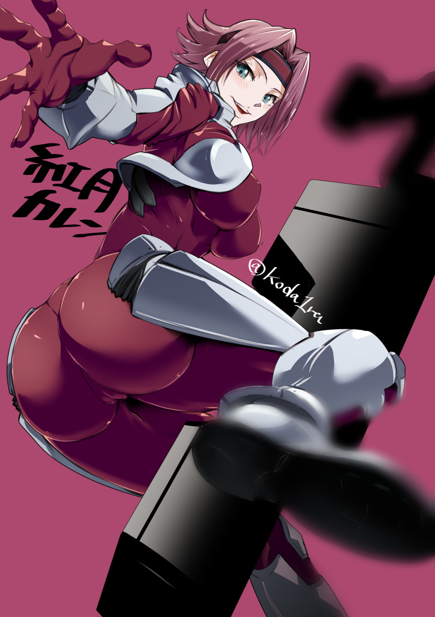 1girl ass blue_eyes blurry blurry_background blurry_foreground blush bodysuit breasts code_geass from_behind highres impossible_bodysuit impossible_clothes kallen_stadtfeld koda1ra large_breasts looking_at_viewer looking_back magenta_background open_mouth outstretched_arm pilot_suit red_bodysuit red_hair shiny shiny_clothes shiny_hair short_hair skin_tight smile solo