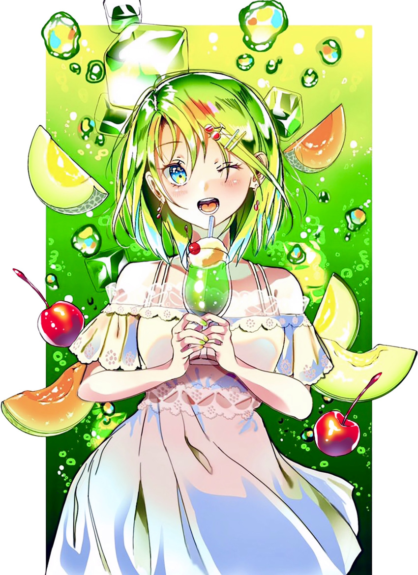 1girl absurdres bare_shoulders cherry cherry_hair_ornament cup dress drink drinking_straw earrings eyebrows_visible_through_hair food food_themed_hair_ornament fruit green_hair hair_ornament highres holding holding_cup jewelry medium_hair melon melon_soda multicolored multicolored_nails okutani_toro one_eye_closed open_mouth original short_sleeves smile solo symbol_commentary white_dress