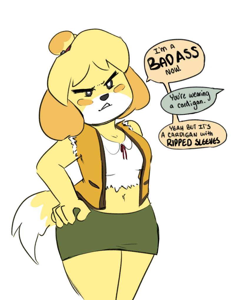 2018 absurd_res animal_crossing anthro blonde_hair bottomwear canid canine canis cardigan clothed clothing dialogue domestic_dog english_text female front_view fully_clothed hair hand_on_hip hi_res humor isabelle_(animal_crossing) jacket mammal nintendo open_jacket portrait rainbowsprinklesart shih_tzu skirt solo text three-quarter_portrait topwear torn_clothing toy_dog video_games yellow_body