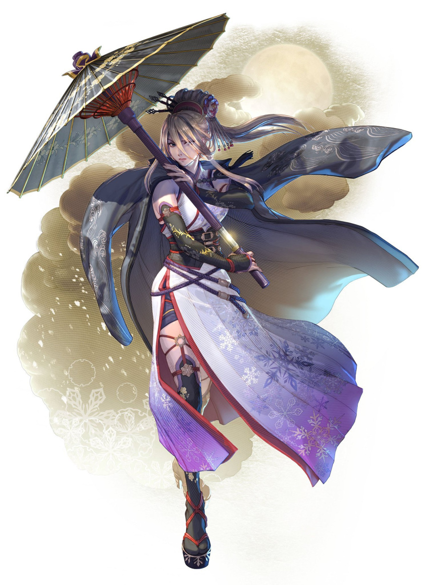 1girl :| blonde_hair blue_eyes closed_mouth concealed_sword corset cross-laced_footwear elbow_gloves eyes_visible_through_hair fingerless_gloves gloves high_heels highres iaito jacket jacket_on_shoulders official_art oriental_umbrella parasol setsuka sheath solo soulcalibur soulcalibur_vi umbrella unsheathing