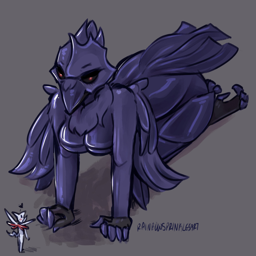 1:1 2019 absurd_res all_fours ambiguous_gender anthro avian bird black_sclera breasts corvid corviknight corvus_(genus) duo feathers female female_focus full-length_portrait hi_res high-angle_view nintendo nude oscine passerine pok&eacute;mon pok&eacute;mon_(species) portrait purple_body purple_feathers rainbowsprinklesart red_eyes skarmory solo_focus video_games