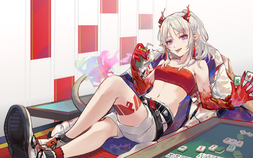 1girl arknights bandeau bare_arms bare_legs bare_shoulders bead_bracelet beads belt black_legwear bracelet breasts coat coat_removed collarbone csyday dragon_horns earrings eyeshadow highres holding horns jewelry juice_box knee_up long_hair looking_at_viewer mahjong mahjong_table mahjong_tile makeup midriff multicolored_hair navel nian_(arknights) open_mouth pointy_ears ponytail purple_eyes reclining shoes short_shorts shorts sidelocks small_breasts smile socks solo stomach streaked_hair tattoo tongue tongue_out white_coat white_footwear white_hair white_shorts