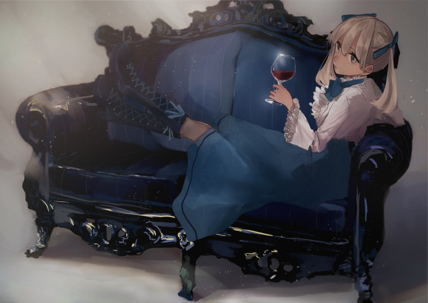 1girl alcohol black_footwear blue_bow blue_skirt boots bow couch cross-laced_footwear cup drinking_glass dyuba000 grey_background grey_eyes hair_bow highres indoors long_sleeves original short_twintails sitting skirt twintails wine wine_glass