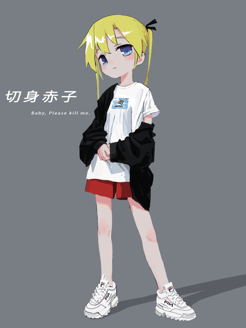 1girl absurdres black_jacket blonde_hair closed_mouth copyright_name full_body grey_background highres jacket kill_me_baby looking_at_viewer nadegata off-shoulder_jacket purple_eyes red_shorts shirt shoes short_sleeves shorts simple_background solo sonya_(kill_me_baby) standing twintails white_footwear white_shirt windows_xp
