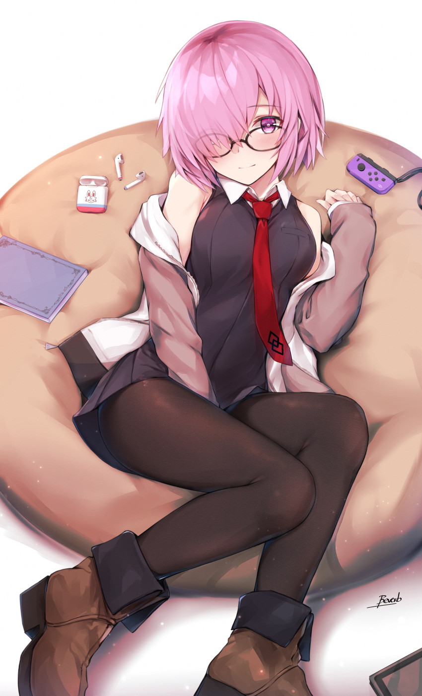 1girl absurdres ankle_boots bare_shoulders bee_doushi between_legs black-framed_eyewear black_dress blush book boots breasts brown_footwear brown_legwear closed_mouth cushion dress earbuds earphones fate/grand_order fate_(series) glasses grey_sleeves hair_over_one_eye hand_between_legs highres jacket joy-con long_sleeves looking_at_viewer lying mash_kyrielight medium_breasts necktie nintendo_switch off_shoulder on_back open_clothes open_jacket pantyhose purple_eyes purple_hair red_neckwear revision short_hair signature simple_background smile solo track_jacket white_background white_jacket wing_collar