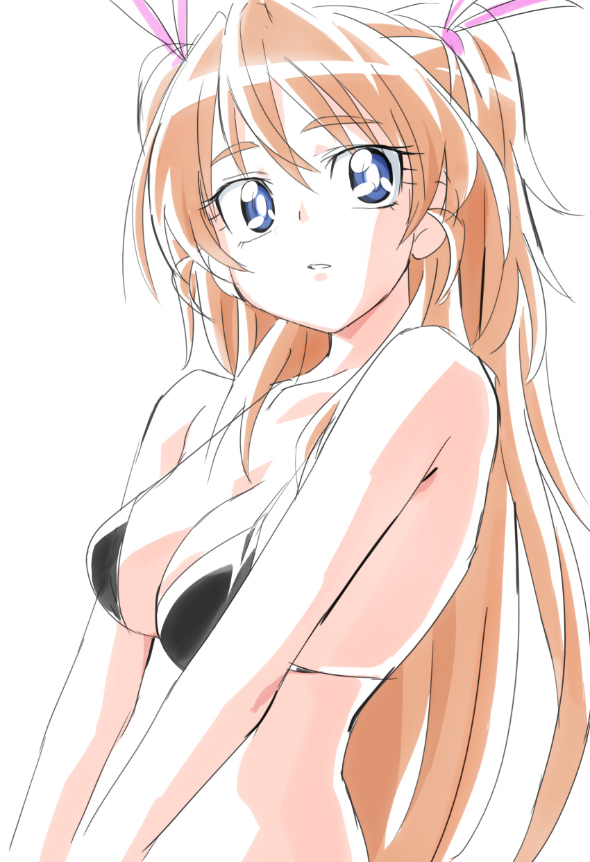 1girl absurdres bikini bikini_top black_bikini blue_eyes breasts eyebrows_visible_through_hair hair_ribbon highres houjou_hibiki long_hair manji_(tenketsu) medium_breasts orange_hair pink_ribbon precure ribbon simple_background sketch solo suite_precure swimsuit upper_body white_background