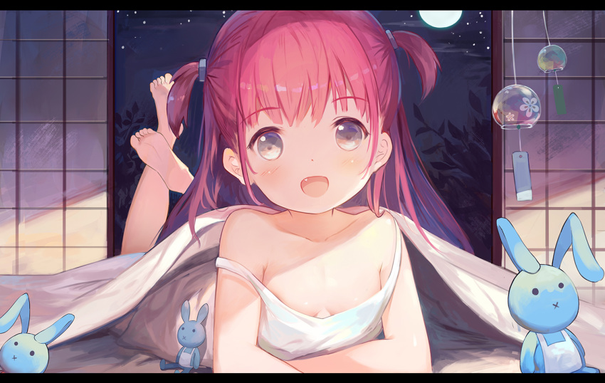 1girl :d :x bangs bare_arms bare_shoulders barefoot blush breasts brown_eyes closed_mouth commentary_request dress eyebrows_visible_through_hair fang feet full_moon indoors katou_umi legs_up leilin letterboxed long_hair looking_at_viewer lying moon night on_stomach open_mouth photoshop_(medium) red_hair revision sleeveless sleeveless_dress small_breasts smile soles solo strap_slip stuffed_animal stuffed_bunny stuffed_toy summer_pockets two_side_up very_long_hair white_dress wind_chime