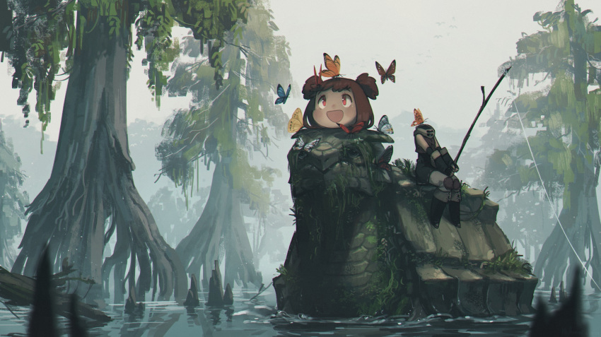 1girl :d bug butterfly disembodied_head dullahan fantasy fingerless_gloves fishing fishing_rod gloves grass headless highres insect moss open_mouth original porforever red_eyes red_hair riding short_twintails sitting smile swamp tree turtle twintails