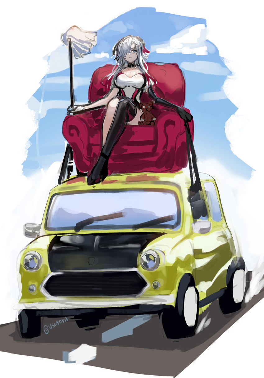 1girl alternate_costume azur_lane black_choker blue_eyes breasts choker cleavage commentary english_commentary hair_over_one_eye highres large_breasts mini_cooper mop mr_bean multicolored_hair odin_(azur_lane) on_vehicle parody pink_hair race_queen silver_hair single_thighhigh thighhighs twitter_username two-tone_leotard usatorii