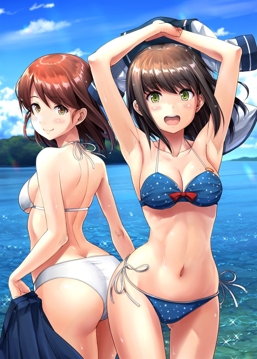 2girls :d armpits ass bikini blue_bikini blush breasts brown_eyes brown_hair cleavage collarbone cowboy_shot day eyebrows_visible_through_hair fubuki_(kantai_collection) green_eyes highres ichikawa_feesu kantai_collection long_hair medium_breasts multiple_girls navel ocean open_mouth polka_dot polka_dot_bikini shirayuki_(kantai_collection) smile sparkle swimsuit water white_bikini