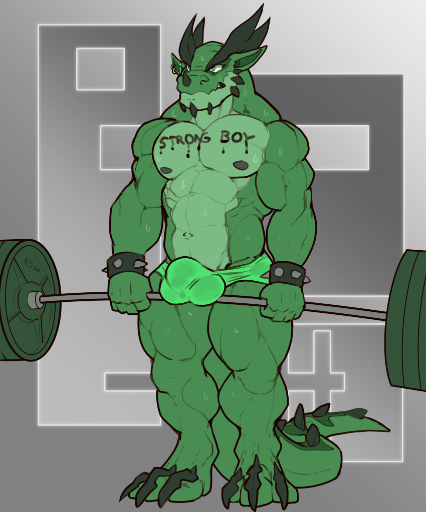 2018 abs abstract_background absurd_res anthro azu_cacti barazoku barbell bodily_fluids body_writing bracelet bulge clothed clothing deadlift digitigrade dragon ear_piercing ear_ring exercise hi_res horn jewelry male muscular muscular_anthro muscular_male navel nightterror nipples pecs piercing quads reptile scalie simple_background solo spiked_bracelet spikes standing sweat underwear underwear_only weightlifting weights workout