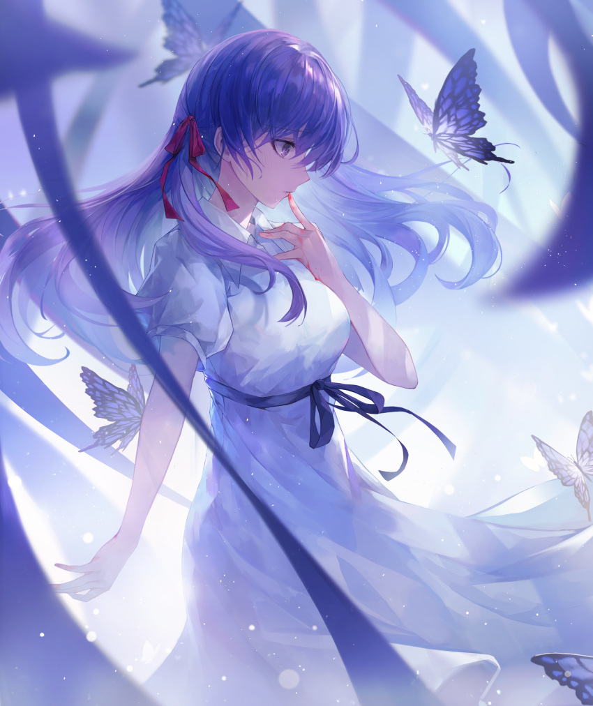 absurdres backlighting bangs black_ribbon blood bloody_hands blue_butterfly blurry blurry_foreground breasts bug butterfly closed_mouth crystalherb depth_of_field dress eyebrows_visible_through_hair fate/stay_night fate_(series) feet_out_of_frame finger_to_mouth from_side heaven's_feel highres insect long_hair looking_away matou_sakura medium_breasts photoshop_(medium) profile purple_eyes purple_hair revision ribbon short_sleeves standing symbol_commentary white_dress