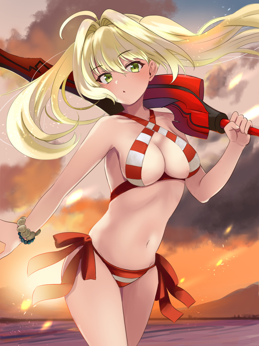 1girl aestus_estus ahoge bangs bare_shoulders bead_bracelet beads bikini blonde_hair bracelet breasts cleavage collarbone criss-cross_halter earrings fate/grand_order fate_(series) green_eyes hair_between_eyes hair_intakes halterneck highres jewelry john_manjirou_(love-love-happy21) large_breasts long_hair looking_at_viewer navel nero_claudius_(fate)_(all) nero_claudius_(swimsuit_caster)_(fate) red_bikini revision side-tie_bikini striped striped_bikini swimsuit sword thighs twintails weapon