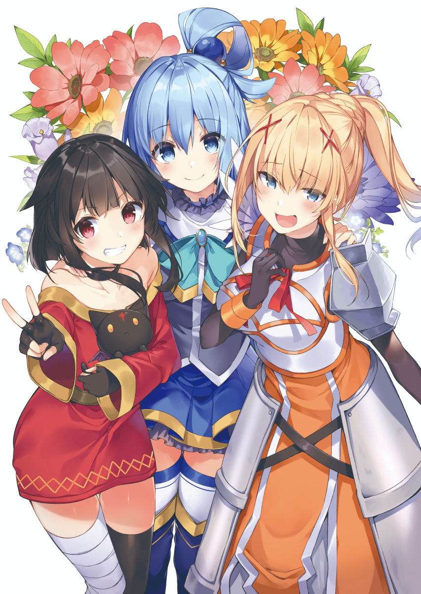 3girls absurdres aqua_(konosuba) armor bandaged_leg bandages bare_shoulders belt black_hair black_legwear blonde_hair blue_eyes blue_hair blue_skirt blush bodysuit braid breasts brown_hair cat chomusuke darkness_(konosuba) dress eyebrows_visible_through_hair fingerless_gloves gloves hair_between_eyes hair_ornament hair_rings highres kono_subarashii_sekai_ni_shukufuku_wo! large_breasts long_hair looking_at_viewer medium_breasts megumin mishima_kurone multiple_girls official_art open_mouth orange_dress ponytail red_dress red_eyes ribbon short_hair short_hair_with_long_locks single_thighhigh skirt smile thighhighs v very_long_hair x_hair_ornament