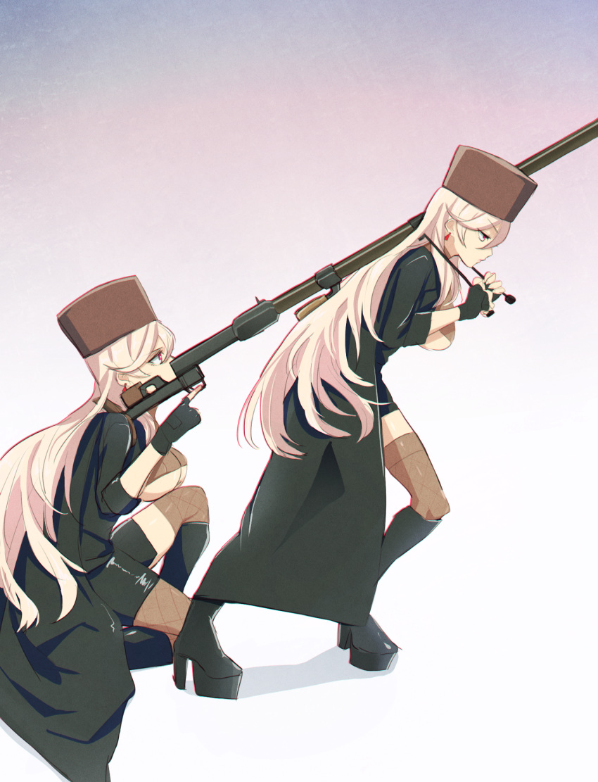 2girls anti-materiel_rifle asymmetrical_legwear black_footwear black_jacket black_legwear blonde_hair boots breasts earrings eyebrows_visible_through_hair girls_frontline gun hat highres jacket jewelry large_breasts long_hair multiple_girls papakha ptrd-41 ptrd-41_(girls_frontline) red_earrings red_eyes rifle simple_background sitting sniper_rifle thighhighs tuguoji weapon