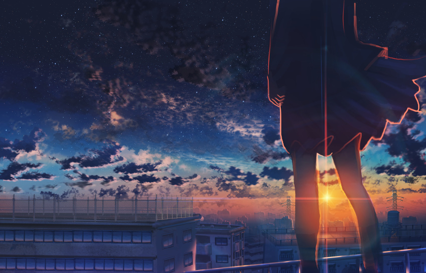 1girl apartment arms_at_sides balcony building chain-link_fence city cityscape cloud evening fence from_behind head_out_of_frame highres kenzo_093 legs night night_sky original power_lines railing rooftop scenery school skirt sky solo standing star_(sky) starry_sky sun water_tank wind wind_lift window