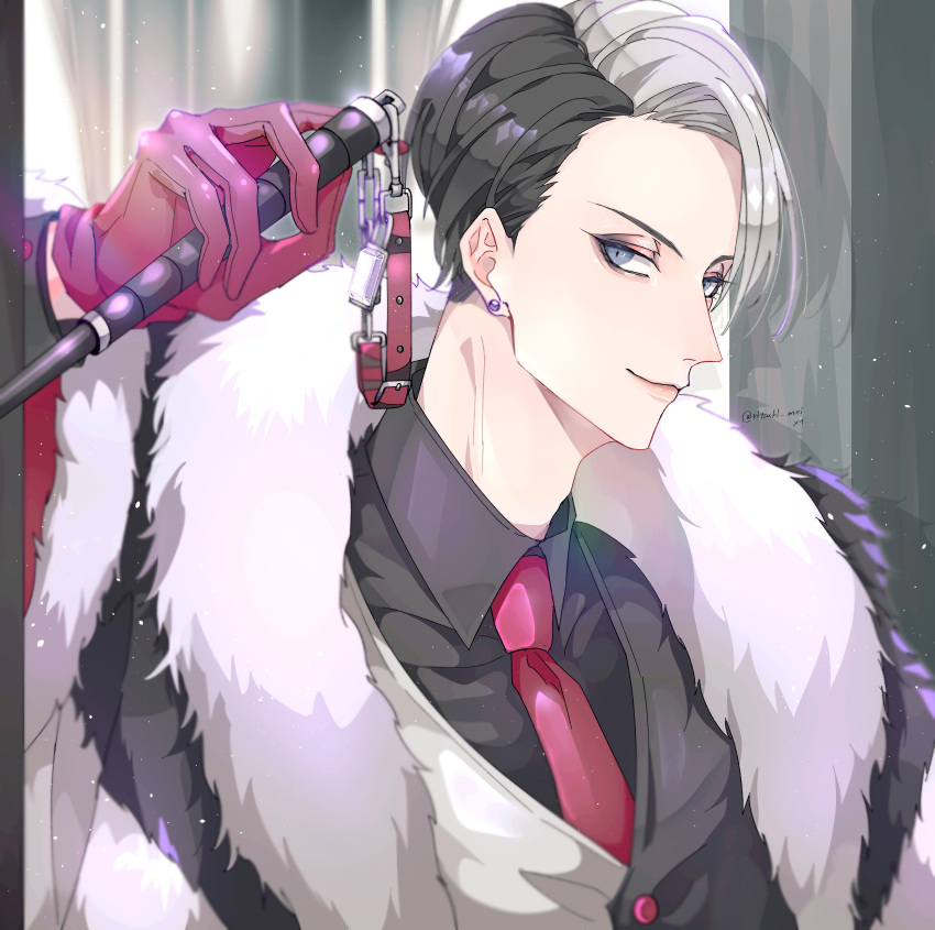 1boy absurdres baton blue_eyes collar divus_crewel earrings fur_scarf hand_up highres huge_filesize indoors jewelry long_sleeves looking_at_viewer necktie purple_earrings ritsuki_mei solo standing stud_earrings twisted_wonderland twitter_username upper_body vest