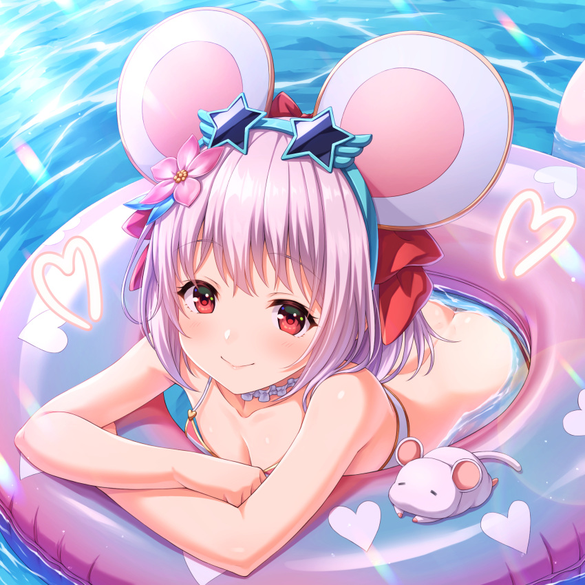 1girl animal animal_ears ass bangs bare_arms bare_shoulders bikini blue-framed_eyewear blush bow breasts cleavage closed_mouth collarbone commentary_request day eyebrows_visible_through_hair eyewear_on_head flower granblue_fantasy hair_bow hair_flower hair_ornament heart highres innertube mouse mouse_ears outdoors pink_flower pink_hair red_bow red_eyes small_breasts smile solo star-shaped_eyewear striped striped_bikini sunglasses swimsuit tomo_(user_hes4085) vikala_(granblue_fantasy) water