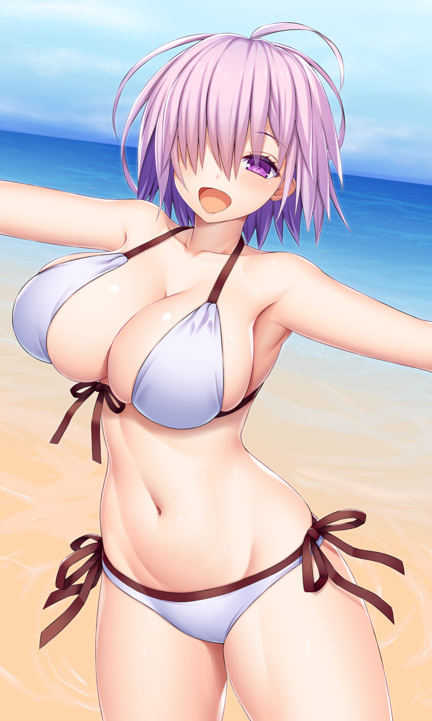 1girl absurdres asamura_hiori bangs bare_shoulders beach blue_sky blush breasts cleavage collarbone commentary_request fate/grand_order fate_(series) hair_over_one_eye highres large_breasts lavender_hair looking_at_viewer mash_kyrielight navel ocean open_mouth purple_eyes revision shore short_hair sky smile thighs