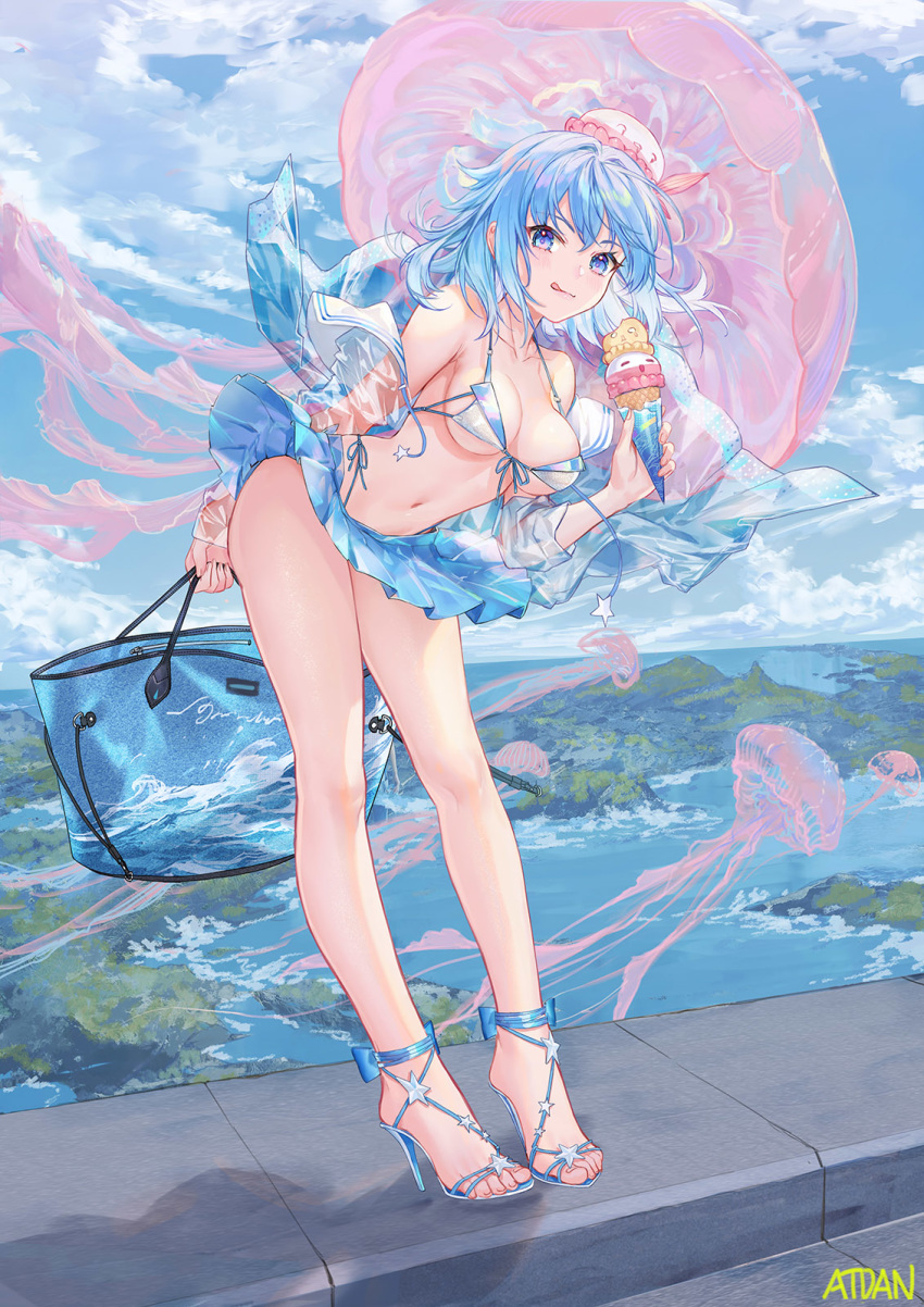 1girl :q armpit_crease atdan bag bare_legs bare_shoulders bikini blue_eyes blue_hair blue_skirt blue_theme breasts cleavage closed_mouth cloud cloudy_sky collarbone day fantasy food front-tie_bikini front-tie_top full_body haiyi halter_top halterneck hat high_heels highres holding holding_food ice_cream jellyfish large_breasts leaning_forward long_hair long_legs long_sleeves looking_at_viewer miniskirt navel off_shoulder open_clothes open_shirt outdoors pleated_skirt revision see-through shadow side-tie_bikini skirt sky smile solo standing stomach strap_gap string_bikini swimsuit synthesizer_v thighs tongue tongue_out white_bikini