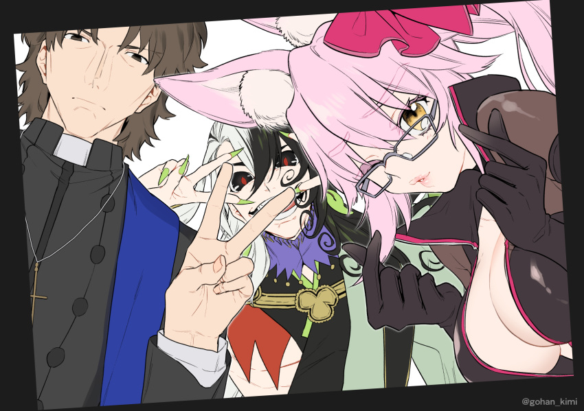 1girl 2boys :d animal_ears ashiya_douman_(fate/grand_order) bangs black_eyes black_gloves black_hair breasts brown_eyes brown_hair cleavage commentary_request cross cross_necklace double_v fate/grand_order fate_(series) fingernails fox_ears glasses gloves green_nails highres jewelry kotomine_kirei large_breasts long_sleeves looking_at_viewer mullet multicolored_hair multiple_boys nail_polish necklace o3o one_eye_closed open_mouth orange_eyes otama_(atama_ohanabatake) partially_unzipped pink_hair priest rasputin_(fate/grand_order) red_pupils sharp_fingernails short_hair sidelocks smile snapping_fingers taking_picture tamamo_(assassin)_(fate) tamamo_(fate)_(all) twitter_username unzipped v v_over_eye white_hair