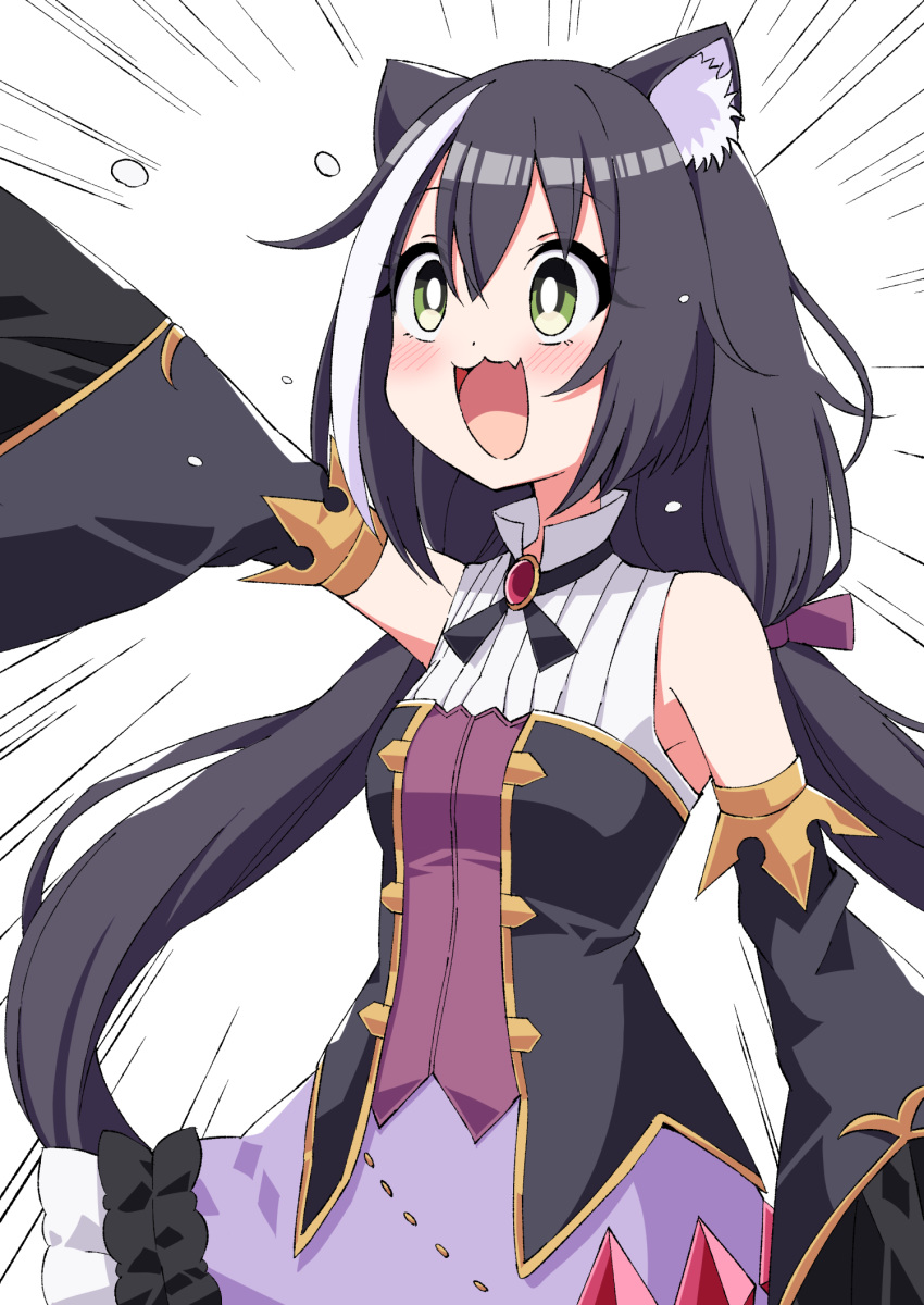 1girl :3 :d animal_ear_fluff animal_ears arm_at_side arm_up armpit_peek black_hair black_neckwear blush bright_pupils cat_ears commentary_request cowboy_shot detached_sleeves dress emphasis_lines eyebrows_visible_through_hair fang flying_sweatdrops green_eyes hair_between_eyes highres karyl_(princess_connect!) lavender_skirt layered_dress long_hair looking_to_the_side low_twintails multicolored_hair neck_ribbon open_mouth princess_connect! princess_connect!_re:dive ribbon simple_background skin_fang smile solo standing streaked_hair tsukimirin twintails very_long_hair white_background white_pupils wide-eyed