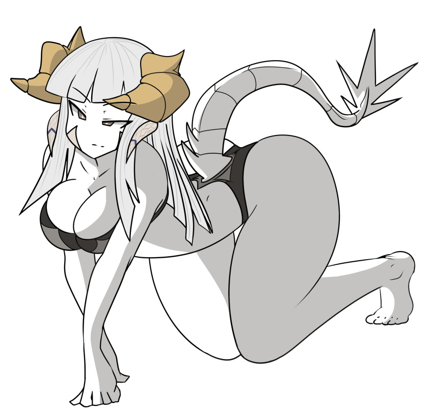 absurd_res all_fours animal_humanoid big_breasts bikini breasts cleavage clothed clothing dragon dragon_humanoid female gkvalhalla grey_hair hair hi_res horn humanoid simple_background solo swimwear white_background white_body