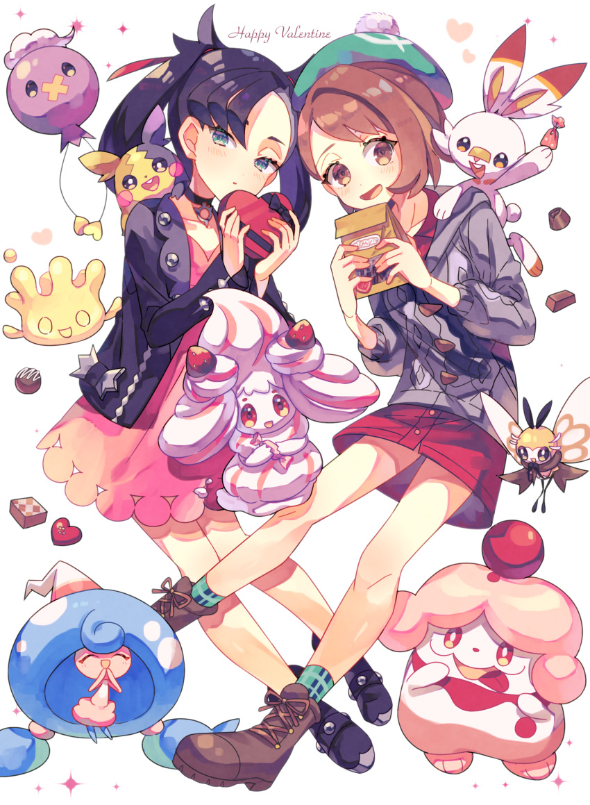 2girls alcremie asymmetrical_bangs bangs black_choker black_hair black_jacket blush boots brown_eyes brown_footwear brown_hair cardigan chocolate choker commentary_request dress drifloon eyelashes gen_4_pokemon gen_6_pokemon gen_7_pokemon gen_8_pokemon green_headwear green_legwear grey_cardigan hair_ribbon happy_valentine hattrem heart highres holding jacket long_sleeves looking_at_viewer mary_(pokemon) milcery morpeko morpeko_(full) multiple_girls nagatsukiariake open_clothes open_mouth pink_dress pokemon pokemon_(creature) pokemon_(game) pokemon_swsh red_ribbon ribbon ribombee scorbunny short_hair slurpuff smile socks starter_pokemon tam_o'_shanter tongue white_background yuuri_(pokemon)