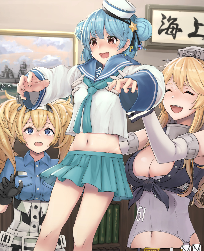 3girls absurdres american_flag aqua_neckwear aqua_skirt belt black_ribbon blonde_hair blue_eyes blue_hair blue_sailor_collar blue_shirt bookshelf breast_pocket breasts closed_eyes collared_shirt dixie_cup_hat double_bun dress elbow_gloves enri_(enriko683) fingerless_gloves gambier_bay_(kantai_collection) gloves hair_ornament hairband hairpin hat hat_ribbon high_heels highres huge_filesize iowa_(kantai_collection) kantai_collection large_breasts lifted_by_another lifting lifting_person long_hair long_sleeves military_hat miniskirt multicolored multicolored_clothes multicolored_gloves multiple_girls navy_cross neckerchief open_mouth photo_(object) picture_frame pleated_skirt pocket ponytail radar red_footwear ribbon sailor_collar sailor_dress samuel_b._roberts_(kantai_collection) school_uniform serafuku shirt short_hair shorts skirt sleeve_cuffs smile star-shaped_pupils star_(symbol) striped symbol-shaped_pupils thighhighs twintails vertical_stripes white_headwear white_legwear white_shirt yellow_eyes