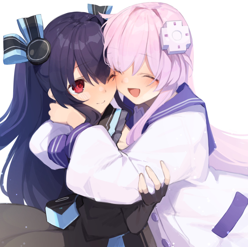 2girls absurdres black_dress black_gloves black_hair buran_buta closed_eyes d-pad d-pad_hair_ornament dress elbow_gloves fingerless_gloves gloves hair_ornament hair_ribbon happy highres hug long_hair looking_at_another multiple_girls nepgear neptune_(series) one_eye_closed open_mouth purple_hair red_eyes ribbon sailor_dress sleeveless smile two_side_up uni_(neptune_series)