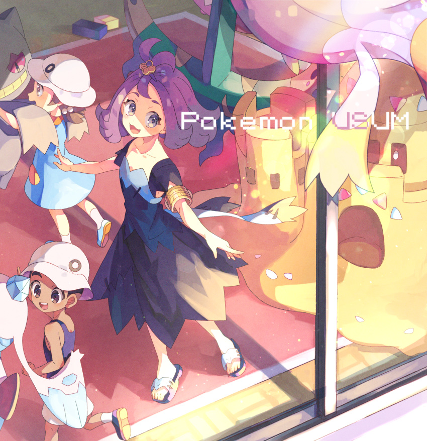 1boy 2girls :3 :d absurdres acerola_(pokemon) armlet banette brown_eyes brown_hair collarbone commentary_request copyright_name dhelmise dress drifblim froslass gen_3_pokemon gen_4_pokemon gen_7_pokemon hair_ornament hat highres huge_filesize indoors multiple_girls nagatsukiariake open_mouth palossand pokemon pokemon_(creature) pokemon_(game) pokemon_sm preschooler_(pokemon) purple_hair sandals school_hat shoes short_hair short_sleeves smile socks standing stitches toes topknot white_legwear